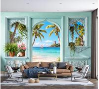 DACRWEKZ 3D Panoramic Custom Light Blue Wallpaper Murals, Seaside Window View Arch Beach Ocean Silk Wall Murals, Modern Living Room Kitchen Dining Room Bedroom Wall Mural Wallpaper 300x210cm (W x H)