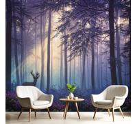 DACRWEKZ 3D Panoramic Custom Purple Wallpaper Murals, Landscape Illustrations Deer in The Misty Forest Silk Wall Murals, Modern Living Room Kitchen Dining Room Bedroom Wall Mural Wallpaper 350x256cm