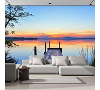 DACRWEKZ 3D Panoramic Custom Wallpaper Mural, 200x140cm Wall Poster Healing Style The Pier Extends to The Lake Surface Photo Wallpapers 3D Effect, Yellow Blue Wallpaper Mural - Poster Decoration