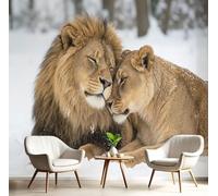 DACRWEKZ 3D Panoramic Custom Wallpaper Mural, 350x256cm Wall Poster Nature Photography The Lion Nestled in The Snow Photo Wallpapers 3D Effect, Light Brown Wallpaper Mural - Poster Decoration