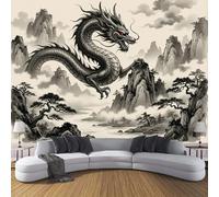 DACRWEKZ 3D Panoramic Custom Wallpaper Mural, 450x356cm Wall Poster Ink Painting Style A Giant Dragon Flew Among The Mountains Photo Wallpapers 3D Effect, Black Wallpaper Mural - Poster Decoration