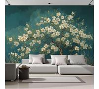 DACRWEKZ 3D Panoramic Custom Wallpaper Mural Vintage Oil Painting Pattern,Dark Blue 250x175cm,Abstract White Flower Tree Wallpaper Mural, Living Room, Bedroom, Office Home Decoration
