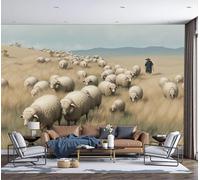 DACRWEKZ 3D Panoramic Custom Wallpaper Murals, Pastoral Idyll Sheep Grazing Silk Wall Murals, Modern Living Room Kitchen Dining Room Bedroom Wall Mural Wallpaper 250x175cm (W x H)