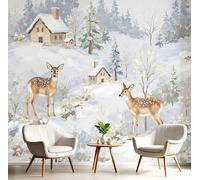 DACRWEKZ 3D Panoramic Custom Wallpaper Murals, Watercolor Style Sika Deer Wooden House Silk Wall Murals, Modern Living Room Kitchen Dining Room Bedroom Wall Mural Wallpaper 450x356cm (W x H)