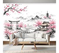 DACRWEKZ 3D Panoramic Fresh Ink Painting Landscape Wallpaper Murals | Cherry Blossom Torii Pagoda Silk Wall Murals, Modern Living Room Kitchen Dining Room Bedroom Wallpaper 300x210cm(W x H)