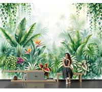 DACRWEKZ 3D Panoramic Fresh Tropical Rainforest Wallpaper Murals, Banana Leaf Bird of Paradise Silk Wall Murals, Light Green Modern Living Room Kitchen Dining Room Bedroom Wallpaper 300x210cm (W X H)