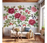 DACRWEKZ 3D Panoramic Plants and Flowers Wallpaper Murals | Rose Berry Leaves Silk Wall Murals, Modern Living Room Kitchen Dining Room Bedroom Wallpaper 300x210cm(W x H)