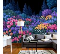 DACRWEKZ 3D Panoramic Wall Mural Flower Cartoon Photo Wallpaper, The Path Winds Through The Flowerbed Photo Wallpaper Silk Wall Art, Purple Pink Mural for Bedroom Living Room Decor 450x315cm