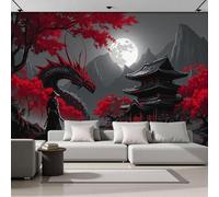 DACRWEKZ 3D Panoramic Wallpaper Mural, 200x140cm Wall Poster Japanese Style Photo Effect, Black and Red Samurai Red Dragon Temple Decoration for Bedroom Living Room Corridor