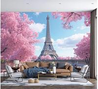 DACRWEKZ 3D Panoramic Wallpaper Mural,200x140cm Wall Poster Pink Eiffel Tower Cherry Blossoms Print Design Photo Effect,Springtime Scenery Decoration for Bedroom Dining Room Feature
