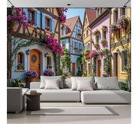 DACRWEKZ 3D Panoramic Wallpaper Mural, 200x140cm Wall Poster Romantic Small Town Charm Photo Effect, Light Blue Houses, Flowers, Streets Decoration for Bedroom Living Room Corridor