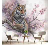 DACRWEKZ 3D Panoramic Wallpaper Mural,250x175cm Photo Wallpapers Murals, Animal Illustrations Flower Tiger Photo Wallpaper 3D Effect, Pink Wallpapers Mural - Poster for Bedroom Corridor