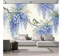 DACRWEKZ 3D Panoramic Wallpaper Mural,300x210cm Wall Poster Purple Birds Perched On Purple Vines Print Design Photo Effect,Chinese Ink Painting Decoration for Living Room, Bedroom Dining Room Feature