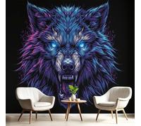 DACRWEKZ 3D Panoramic Wallpaper Mural,400x280cm Wall Poster Fantasy Animals Print Design Photo Effect,Neon Angry Wolf Decoration for Bedroom Living Room Corridor