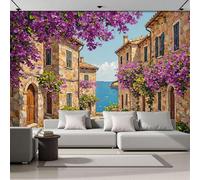 DACRWEKZ 3D Panoramic Wallpaper Mural, 400x280cm Wall Poster Oil Painting Architectural Style Photo Effect, Light Brown Bougainvillea in Village Alleys Decoration for Bedroom Living Room Corridor