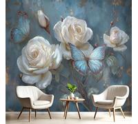 DACRWEKZ 3D Panoramic Wallpaper Mural,450 x 315 cm Wall PosterRose Butterfly Art Print Design Photo Effect,Retro Plants
