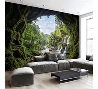 DACRWEKZ 3D Panoramic Wallpaper Mural,450x315cm Wall Poster Green Cave Waterfalls and Rivers Print Design Photo Effect,Natural Scenery Decoration for Bedroom Dining Room Feature