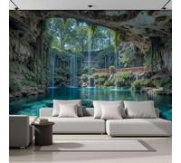 DACRWEKZ 3D Panoramic Wallpaper Mural, 450x315cm Wall Poster Natural Landscape Photo Effect, Blue Inside The Waterfall Cave Decoration for Bedroom Living Room Corridor