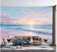 DACRWEKZ 3D Panoramic Wallpaper Mural, Photo Wallpapers Murals, Coastal Oil Painting Style Sunset At The Beach Photo Wallpaper 3D Effect, Blue and Pink Wallpapers Mural - Poster for Bedroom Corridor