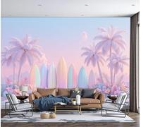 DACRWEKZ 3D Panoramic Wallpaper Mural, Photo Wallpapers Murals, Dreamy Coast Coconut Tree Surfboard Photo Wallpaper 3D Effect, Reverse Color Wallpapers Mural - Poster for Bedroom Living Room Corridor