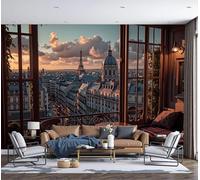DACRWEKZ 3D Panoramic Wallpaper Mural, Photo Wallpapers Murals, Paris Buildings Outside The Window Photo Wallpaper 3D Effect, Dark Brown Wallpapers Mural - Poster for Bedroom Living Room Corridor