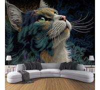 DACRWEKZ 3D Panoramic Wallpaper Mural, Wall Poster Abstract Animals Photo Effect, Profile Portrait of A Cat Decoration for Bedroom Living Room CorridorBlue-Green