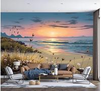 DACRWEKZ 3D Panoramic Wallpaper Mural, Wall Poster Coastal Scenery Print Design Photo Effect,Yellow Blue Wildflowers in The Afterglow of The Sea Decoration for Bedroom Living Room Corridor