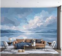 DACRWEKZ 3D Panoramic Wallpaper Mural, Wall Poster Impressionist Landscape Paintings Print Design Photo Effect,Gray-Blue Lake Surface, Clouds, Mountains Decoration for Bedroom Living Room Corridor