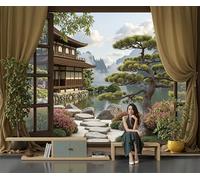 DACRWEKZ 3D Pine Path Lake Panoramic Wallpaper Mural - Large Mural with Brownish-Green Japanese Garden Style, Silk Photo Wallpaper for Living Room, Bedroom Dining Room 300x210cm