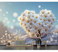 DACRWEKZ 3D Romantic Flowers Panoramic Wallpaper Mural - Large Mural with White Heart-Shaped Daisies, Silk Photo Wallpaper for Living Room, Bedroom Dining Room Feature200x140cm