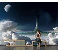 DACRWEKZ 3D Spire Building Clouds Panoramic Wallpaper Mural - Large Mural with Blue-Green Futuristic Sci-Fi Style, Silk Photo Wallpaper for Living Room, Bedroom Dining Room 450x315cm