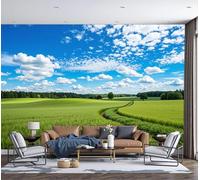 DACRWEKZ 3D Summer Sky Over Wheat Fields Panoramic Wallpaper Mural - Large Mural with Green Pastoral Scenery,Silk Photo Wallpaper for Bedroom Dining Room Feature, High-Resolution Wall Décor 350x256cm