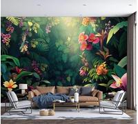DACRWEKZ 3D Wall Mural Dark Green Leafy Orchids and Water Lilies Photo Wallpaper, Tropical Jungle Silk Wall Mural Decoration Poster Picture Design Modern 450x315cm