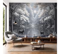 DACRWEKZ 3D Wall Mural Fantasy Moonlit Night Photo Wallpaper | Deer Forest Lake Silk Wall Mural Decoration Poster Picture Design Modern 400x280cm (W x H) Murals for Living Room Kids Bedroom