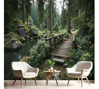 DACRWEKZ 3D Wall Mural Green Wooden Bridge Stream Coniferous Forest Photo Wallpaper, Natural Scenery Silk Wall Mural Decoration Poster Picture Design Modern 200x140cm