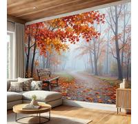DACRWEKZ 3D Wall Mural Orange-Red Maple Leaf Path Bench Photo Wallpaper, Autumn Scenery Silk Wall Mural Decoration Poster Picture Design Modern 200x140cm