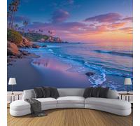 DACRWEKZ 3D Wall Tropical Coastal Areas Print Photo Wallpaper, Beach Palm Trees Wall Mural, Decoration Poster Picture Design Modern Mural 300x210cm Blue-Purple for livingroom Kids Bedroom