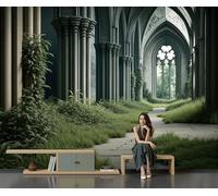 DACRWEKZ 450x315cm Wall Murals,Gothic Architectural Style Mural The Corridor Inside The Church Silk Wall Covering Fabric, Large Photo Wallpaper for Living Room Bedroom Kitchen Office Kids Gray-Green