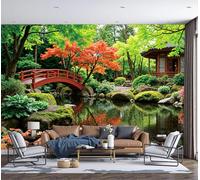 DACRWEKZ Arch Bridge Spans The Pond Wall Mural Japanese Garden Style Home Decoration 3D Silk Photo Mural, Green Wall Art Decoration for Bedroom Nursery Living Room Home 300x210cm Photo Wallpaper