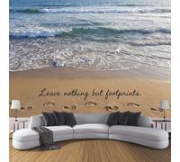 DACRWEKZ Beach Photography Panoramic Wallpaper Mural - Blue Wave Footprints Text Silk Photo Wallpaper for Living Room, Bedroom Dining Room Feature, High-Resolution Wall Décor 250x175cm