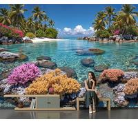 DACRWEKZ Blue-Green wall Wallpaper Mural Tropical Scenery Premium Silk Wallpaper Mural for Bedroom livingroom Wall Coral Island Coconut Trees 350x256cm Art Print Murals Wallpapers