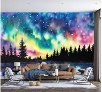 DACRWEKZ Blue-Purple wall Wallpaper Mural Dreamy Watercolor Style Premium Silk Wallpaper Mural for Bedroom livingroom Wall Aurora Starry Sky Coniferous Forest 350x256cm Art Print Murals Wallpapers