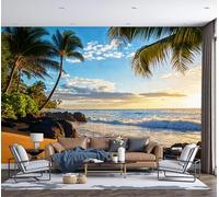 DACRWEKZ Blue wall Wallpaper Mural Tropical Seaside Breeze Premium Silk Wallpaper Mural for Bedroom livingroom Wall Coconut Trees, Beach, Reef 450x315cm Art Print Murals Wallpapers