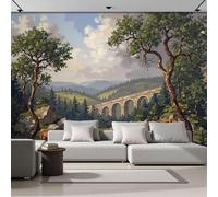 DACRWEKZ British Scenery Mural Wallpaper 350x256cm - Valley Arch Bridge Cattle Herd Wall Mural, Green, Silk Photo Wallpaper 3D Effect for Bedroom Living Room Office Decoration