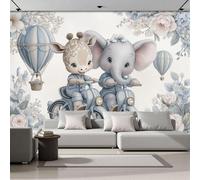 DACRWEKZ Cartoon Animals Giraffe and Elephant Riding a Bike - Custom Size Wall Murals Self - Light Blue Large Photo Wallpaper for Living Room, Bathroom, Office,Children's Room - 400x280cm