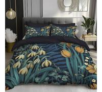 DACRWEKZ Complete Bedding Set 3 Piece260x220cm - Botanical Illustrations Snowdrops, ferns Navy blue Ultrasoft Reversible Quilt Cover Bedding Set With Zipper Closure