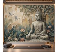 DACRWEKZ Distressed Retro Style Wallpaper - Buddha Statue, Lotus, Bodhi Tree Wall Mural 300x210cm (W x H) | Silk Photo Wallpaper Mural for Bedroom, Living Room, Hallway, Home DecorBrownish-Green
