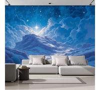 DACRWEKZ Dreamy Illustrations Star Hill Night Sky Panoramic Wall Mural, Blue Wallpaper 450x315cm (W x H), Modern Large-Scale Wall Art Mural Panoramic Poster for Living Room Bedroom Office