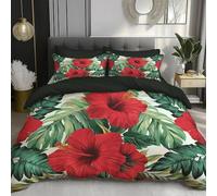 DACRWEKZ Duvet Cover, Double Size 200x200cm, Reversible Design, Plants and Flowers Hibiscus red