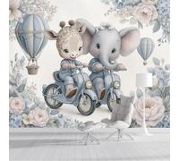 DACRWEKZ Elephant Giraffe Panoramic Wallpapers, Giant Wall Poster Personalized Plants and Flowers for Living Room, Children's Room Wall Decoration 250x175cm Light Blue